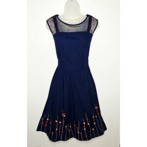 eShakti Embroidered Floral Party Dress Sheer Polka Dot Mesh Large 12 Fit Flare